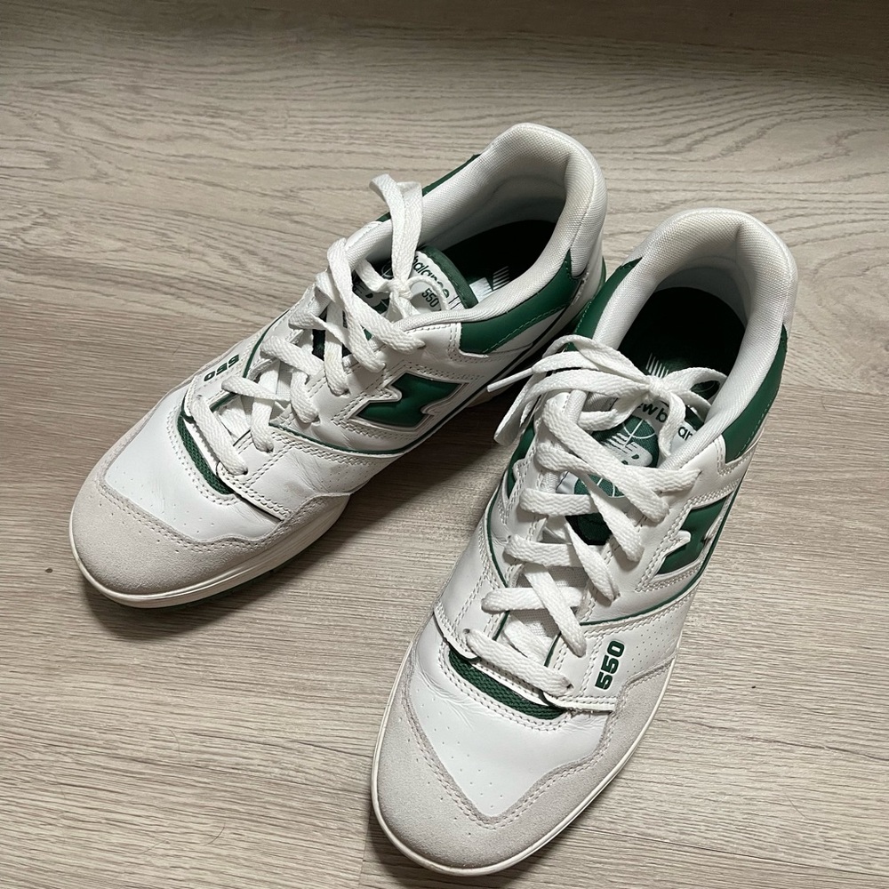 New Balance White and Green Classic Sneakers